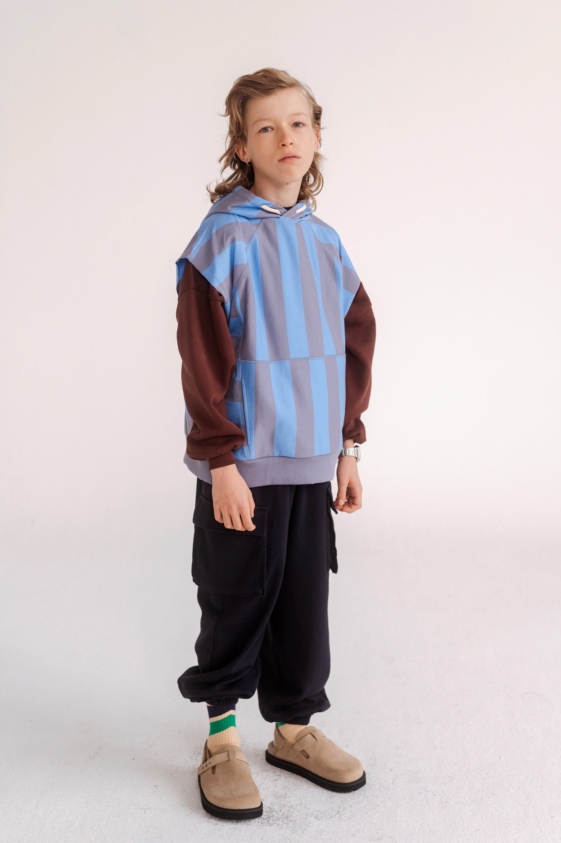 Hoodie Sleeveless Blue Bonnet Silver Block Stripe