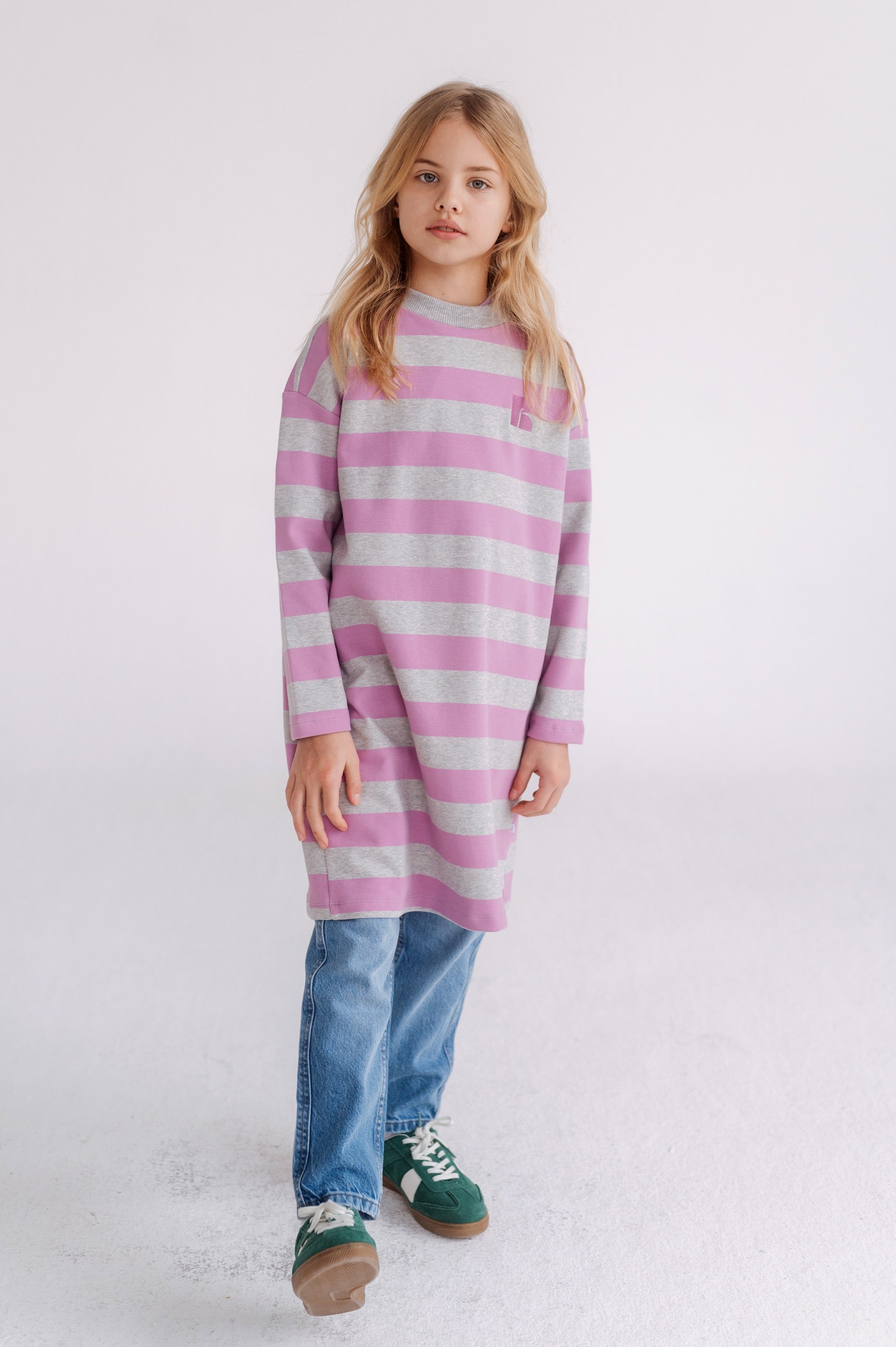 Dress Boxy Sweat Oversized Orchid Light Mixed Grey Block Stripe