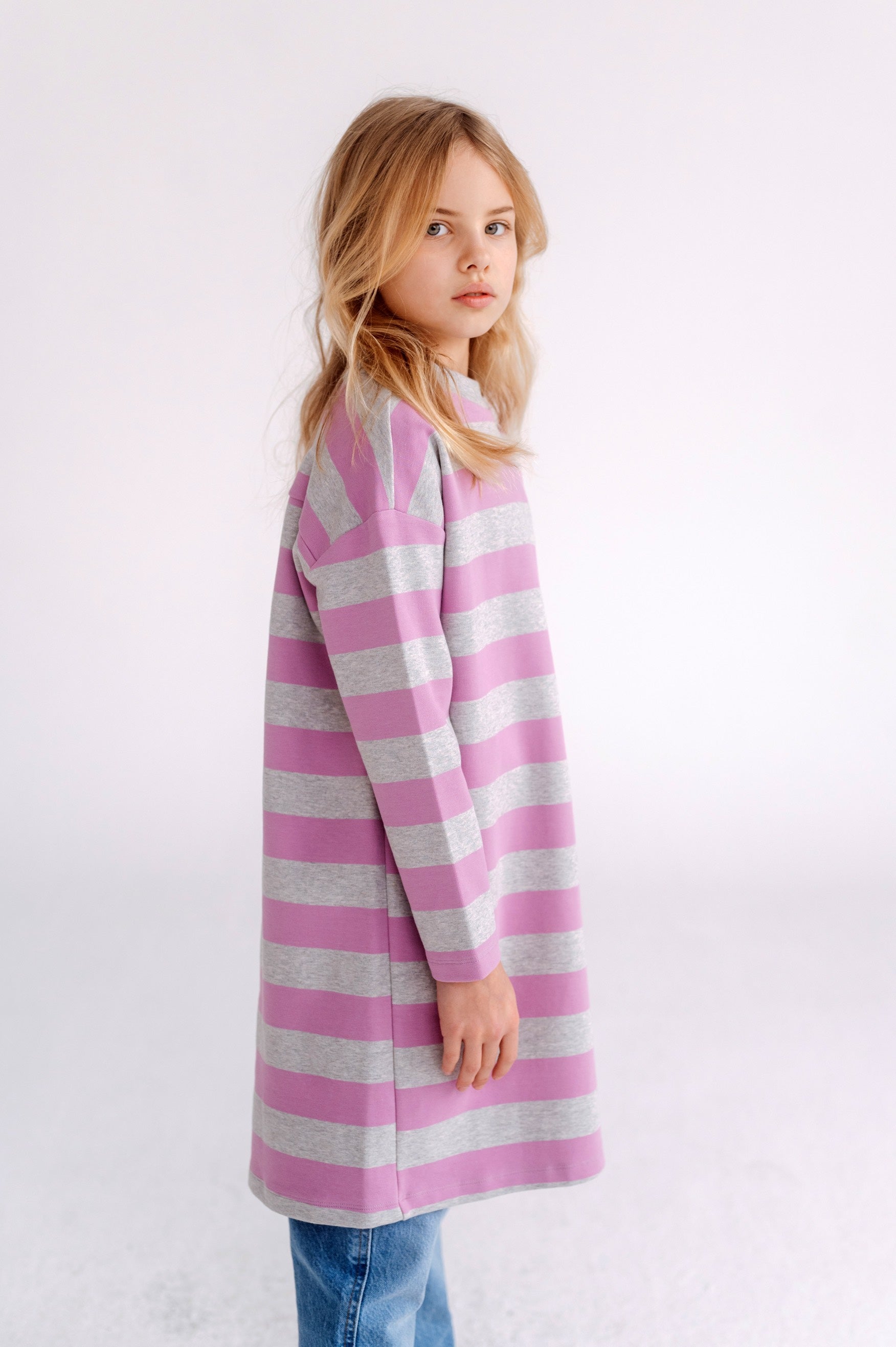 Dress Boxy Sweat Oversized Orchid Light Mixed Grey Block Stripe