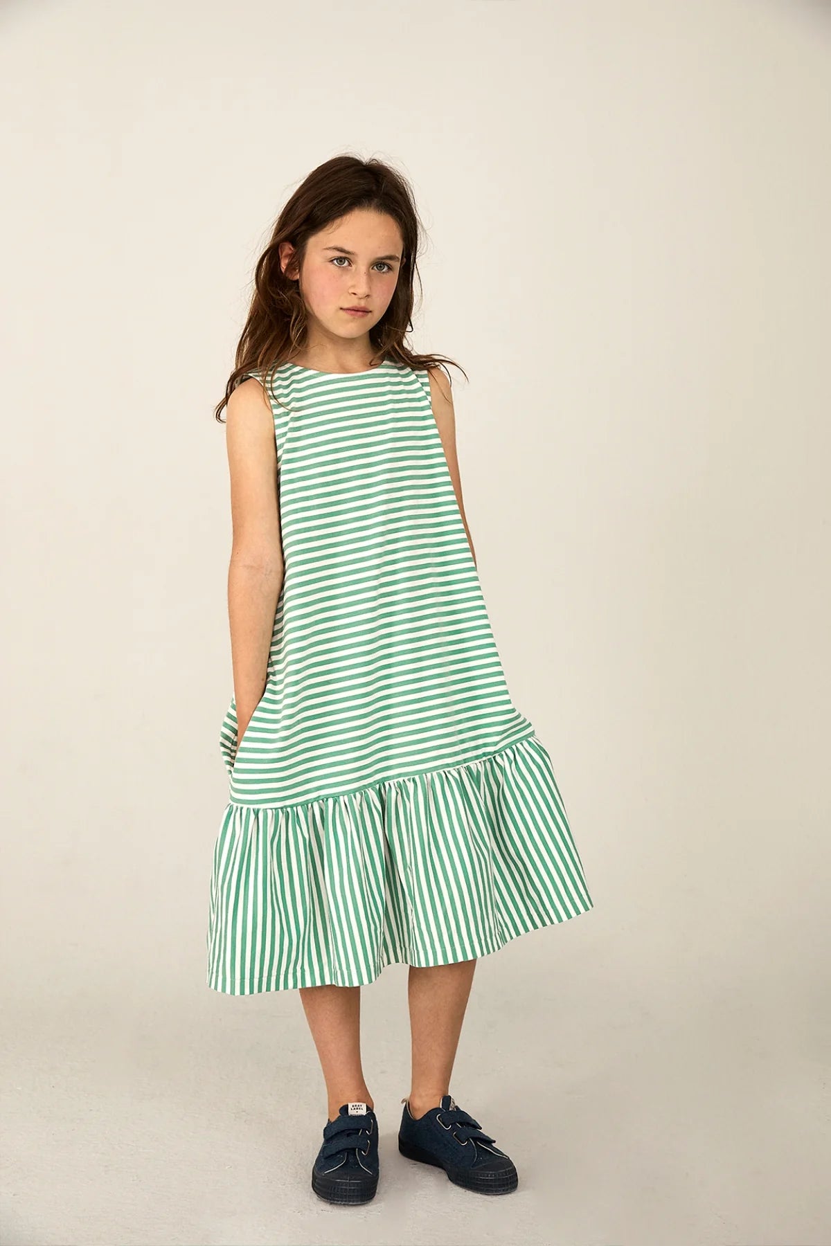 Dress Frill Sleeveless Bright Green Off White