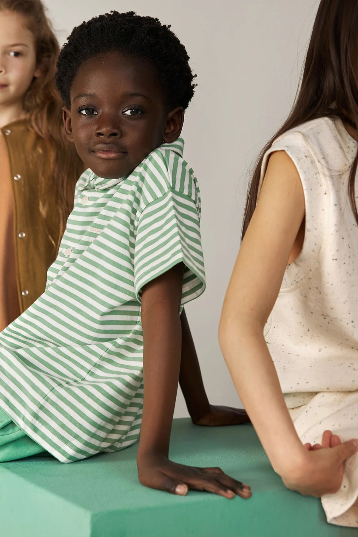 Blouse Top Bright Green Off White