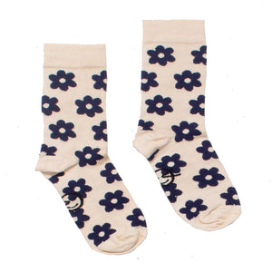 Sock Ankle Bright Navy Flowers Ecru