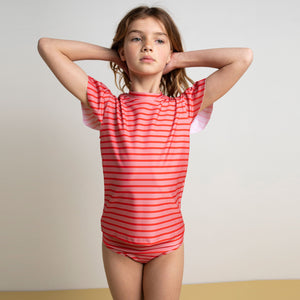 Swim T-shirt Ruffle Stripe Pomegranate