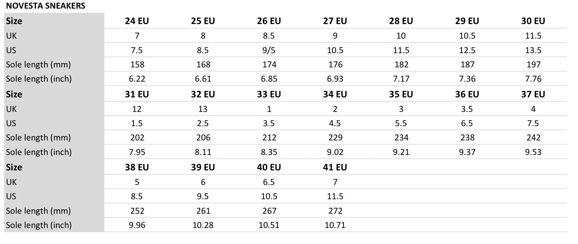 Novesta 2025 size guide
